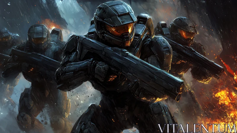 Armored soldiers charging through firelit sci fi battlefield.