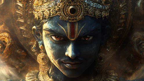 Hyper-detailed divine visage with ornate gold filigree and volumetric light