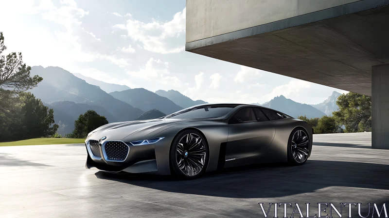 Aero-sculpted BMW concept coupe under cantilevered concrete roof.