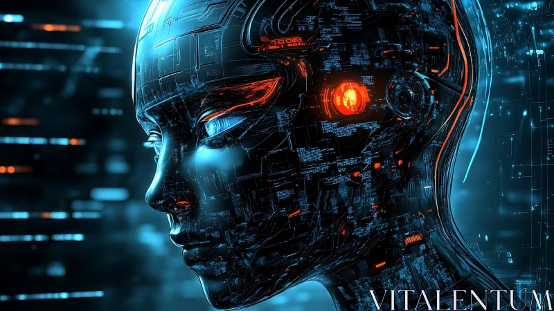 Curious cybernetic mind glowing softly in neon blue light.