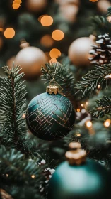Green Christmas ornament on tree with warm bokeh lights.