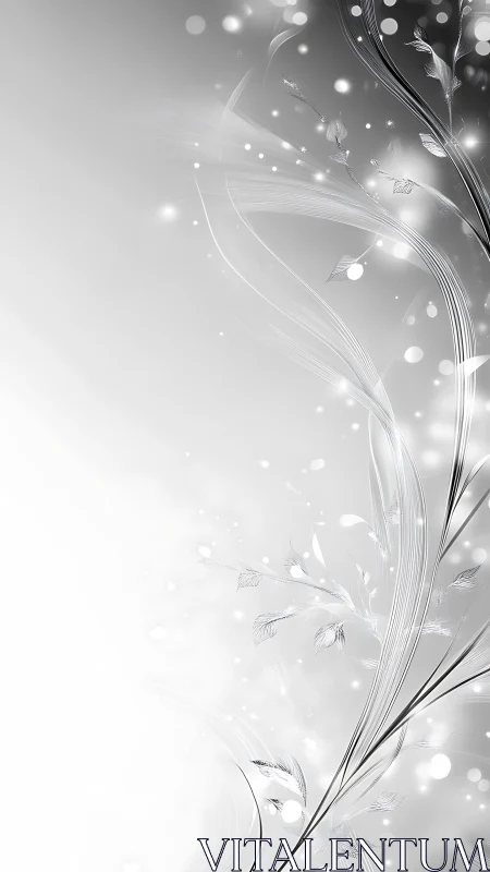 Silver floral light trails curve through soft mist glow.