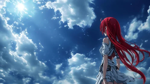 Red haired anime girl stands under bright sunlit sky