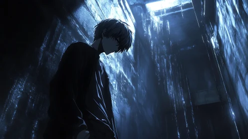 Cinematic anime alley portrait under fractured skylight geometry.