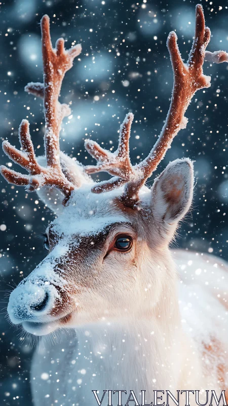 Close-up snow-dusted reindeer portrait with shallow depth-of-field