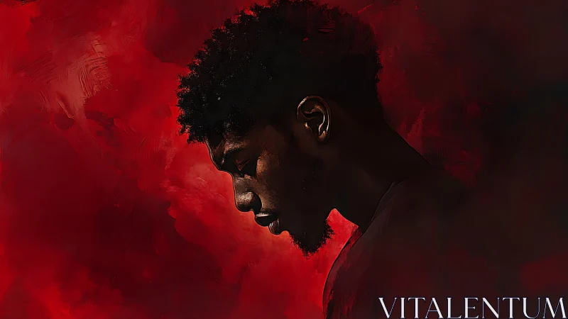 Crimson hush around a bowed man in contemplative shadow.