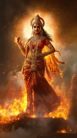 Hindu goddess figure in fiery temple landscape at dusk.