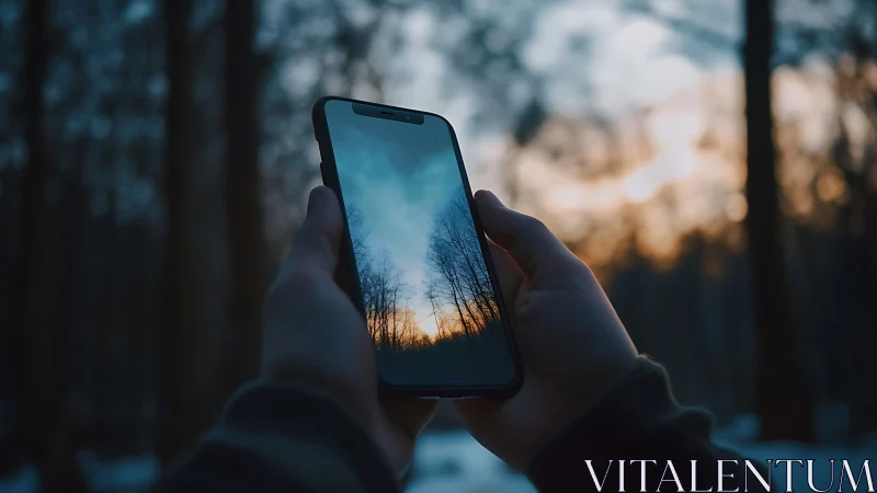 Sunset forest reflection glows gently on a held smartphone