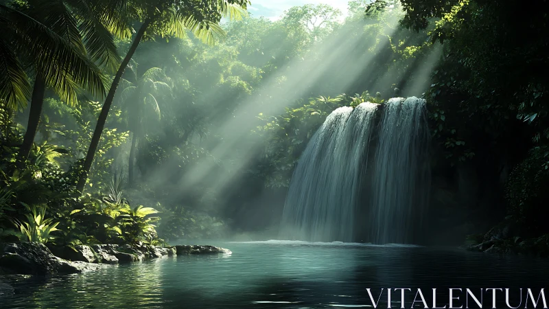 Sunlit jungle waterfall pours into a tranquil emerald pool