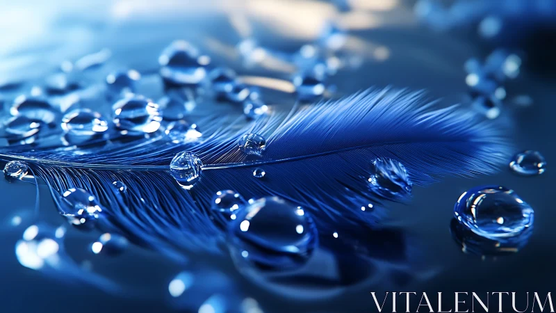 Blue feather cradles crystal water droplets in cool light