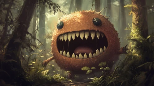Fluffy forest monster with a huge grin of curious teeth.