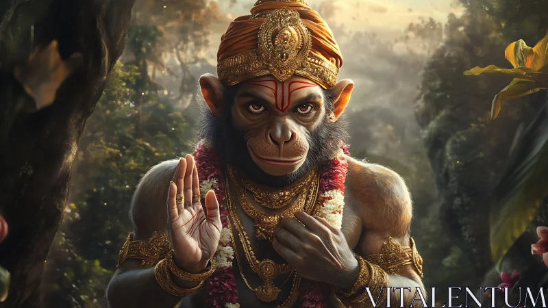 Divine monkey deity offers blessing in lush forest light.
