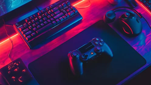 Neon-lit gaming controller rests in a vibrant RGB battlestation