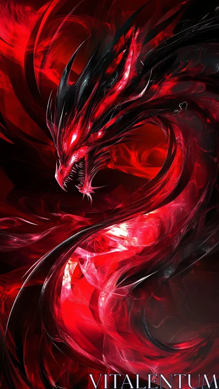 Sinister crimson dragon coils through abstract luminous flames