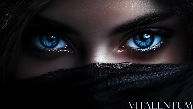 Intense blue eyes framed by dark veil in close portrait.