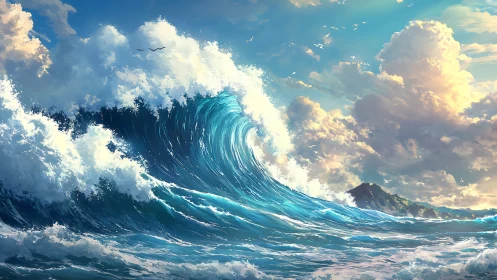 Large ocean wave rises before distant coastal landmass