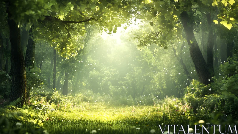 Sunlit Forest Clearing with Lush Greenery in Dreamy Style.