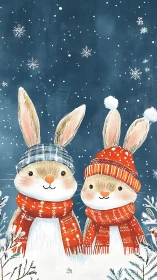 Two rabbits in winter clothing under falling snow at night.
