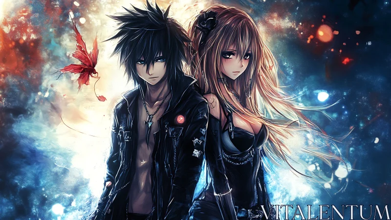 Dark anime duo stand in neon cosmic light storm