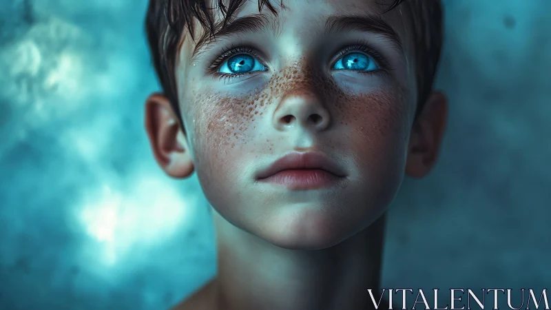 Digital portrait with luminescent eyes and fractional skin texture.