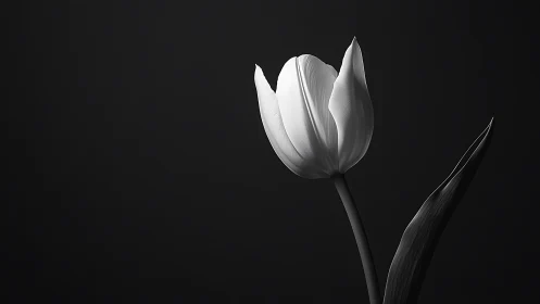 Black and white tulip close-up on dark minimalist background.