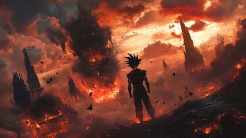 Digital painting of lone warrior in apocalyptic inferno skyline.