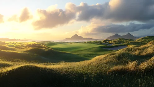 Coastal links golf green at sunset with dune grass swales