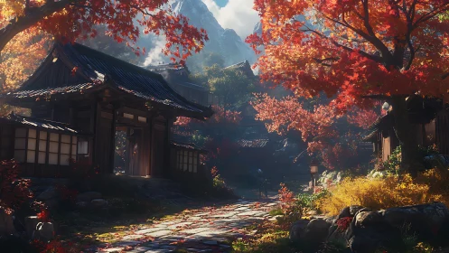 Quiet autumn path through a hidden mountain village.