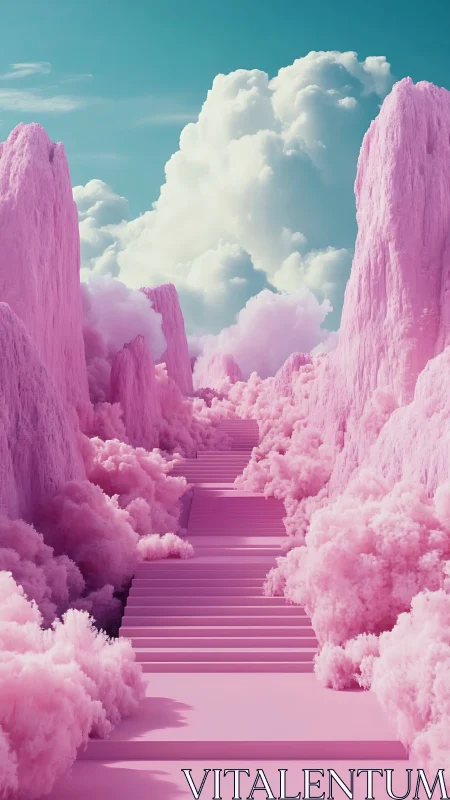 Pink terraced stairway extends through dense synthetic landscape