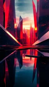 Red crystalline structures reflect in water under sunset sky