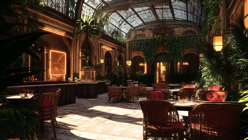 Sun-drenched conservatory café where vines court velvet chairs.