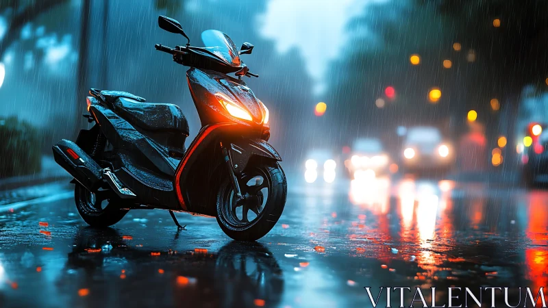 Black scooter parked on wet city street during rainfall.