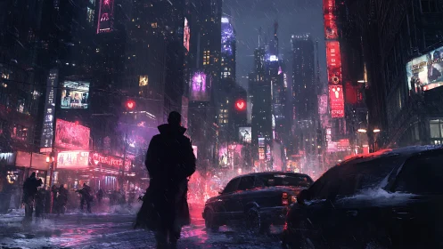 Silhouetted figure in neon lit snowy cyberpunk city street.