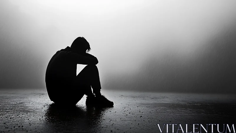Silhouetted figure sits alone in rain on empty ground.