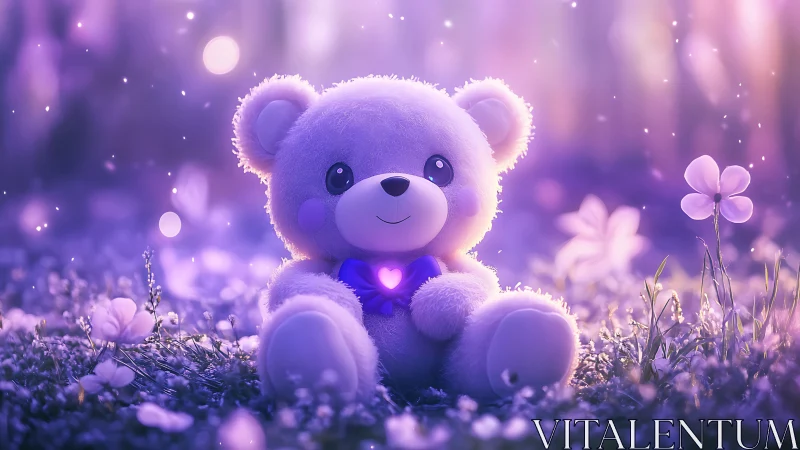 Plush teddy bear with glowing heart in pastel violet meadow