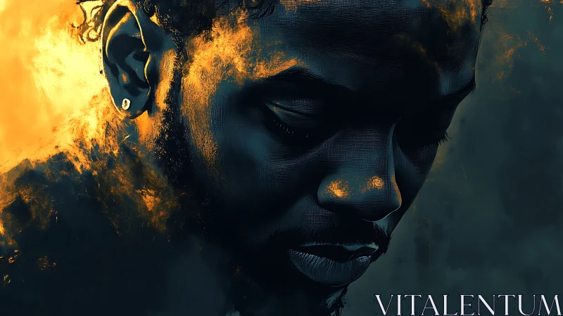 Pensive portrait glows with deep teal shadows and fire