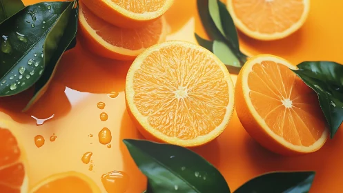 Orange halves and leaves lie on wet orange reflective surface