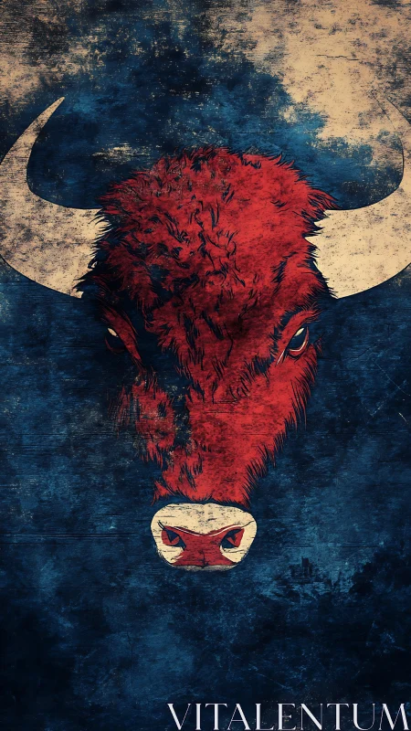 Crimson bull emblem on distressed indigo grunge field.