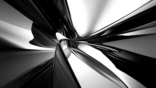 Monochrome 3D ribbons form abstract metallic vortex center.