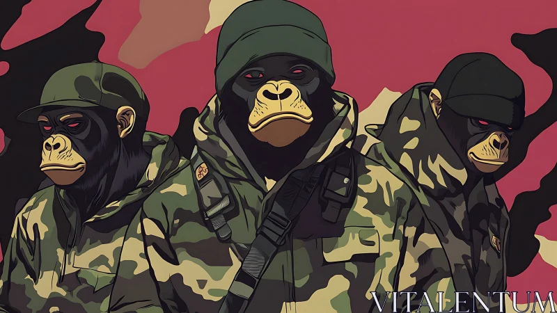 Militarized chimpanzee squad in camo jackets on red field