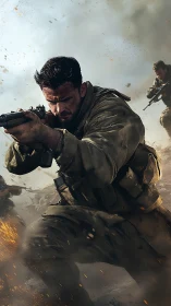 Battle-hardened soldier charges through chaotic firefight.