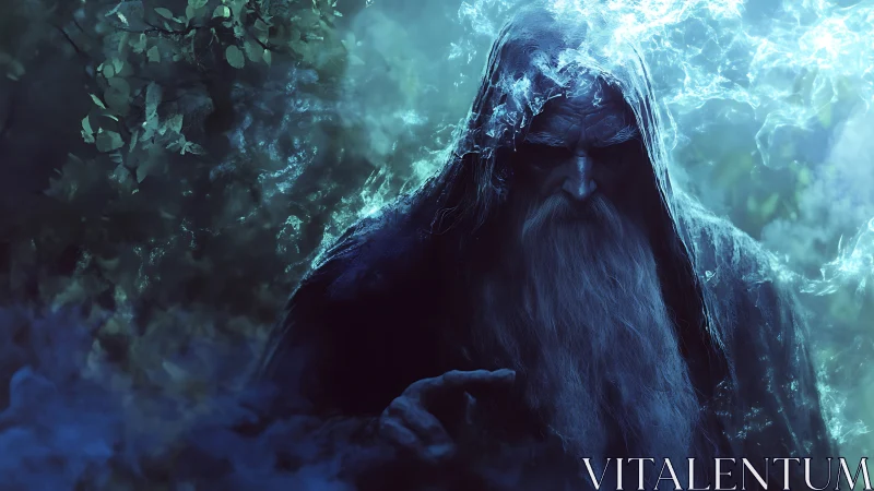 Hooded elderly figure stands in blue luminescent forest haze