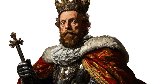 Crowned sovereign in crimson velvet and winter-bright fur.