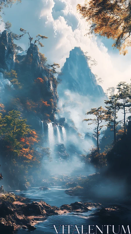 Atmospheric mountain waterfalls with volumetric mist rendering.