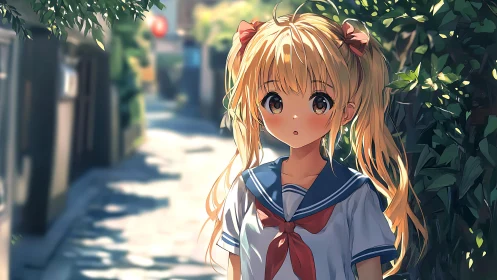 Sunlit anime schoolgirl in sailor uniform on narrow alleyway