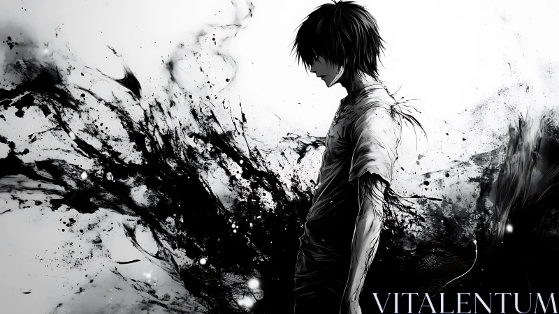 Monochrome side profile of male figure with ink splashes.