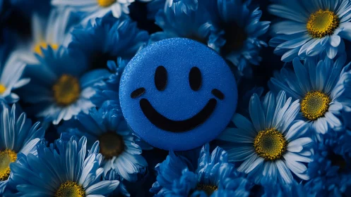 Smiling blue emoji nestles among midnight daisies. Period.