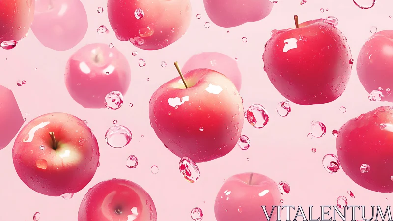 Floating pink apples in glossy splash motion on pastel field.