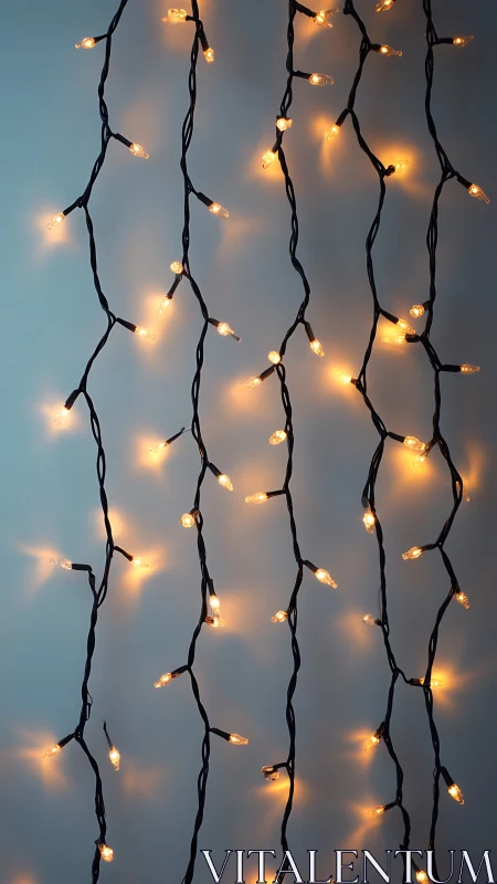 Vertical strands of warm white string lights hang against wall