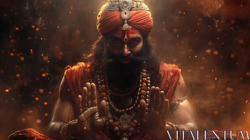 Mystic sage in glowing orange robes offering calm blessing.